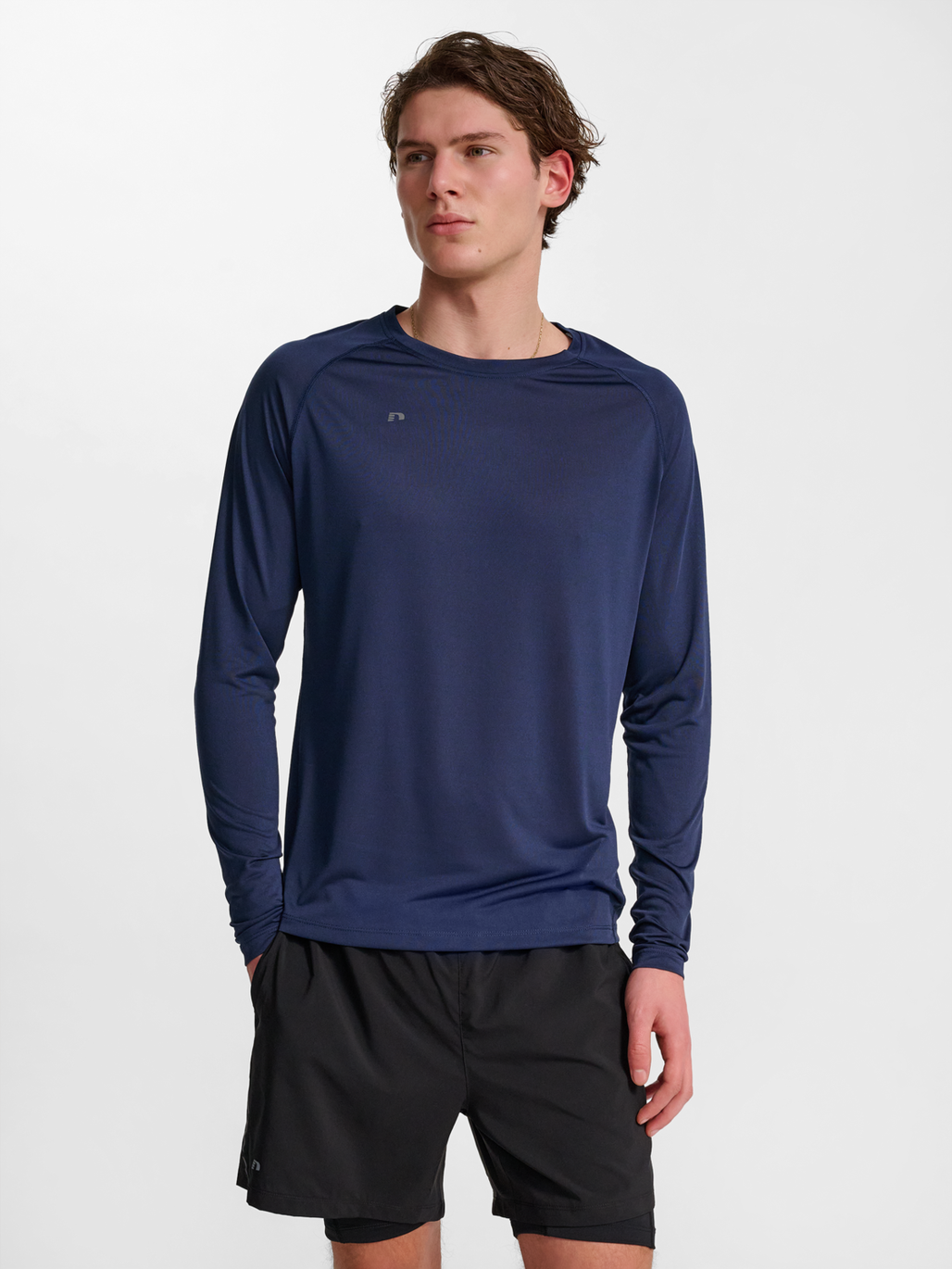 Men's long-sleeve running shirt in Black Iris, front view on model
