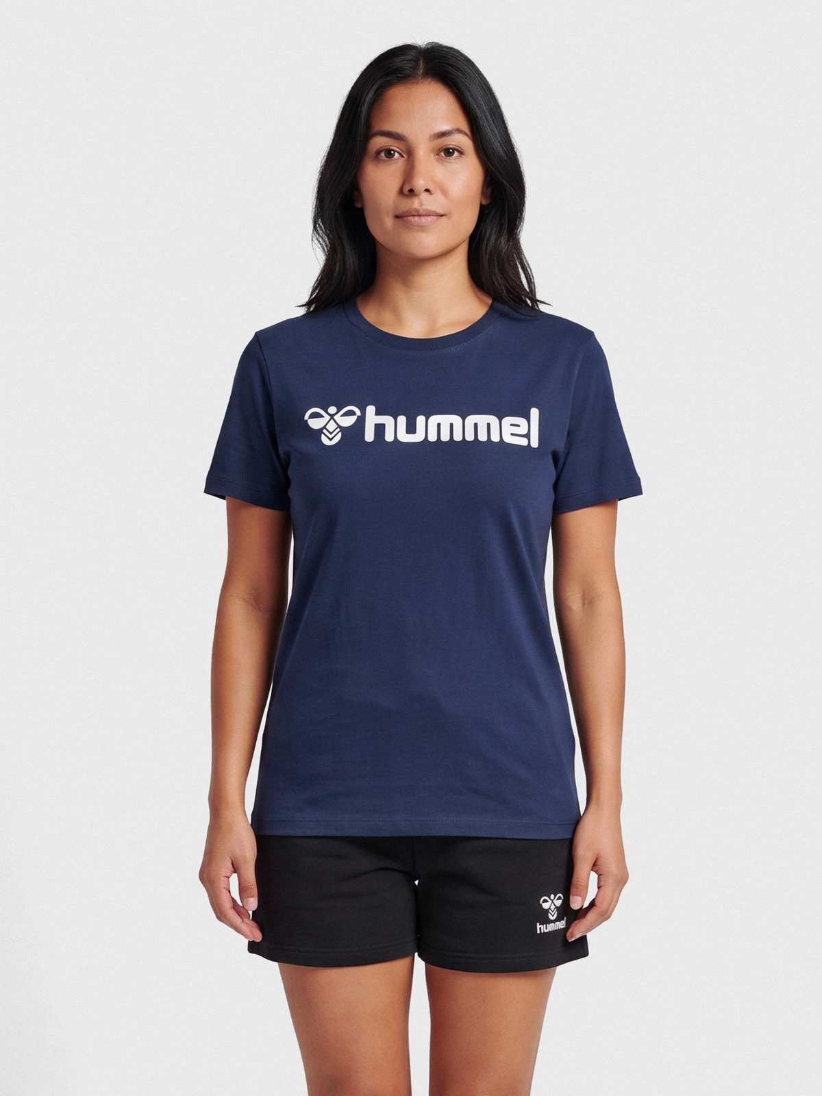 Women's navy cotton t-shirt, front view on model
