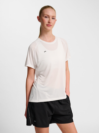 Women's white running t-shirt, front view on model