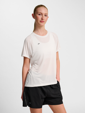 Women's white running t-shirt, front view on model