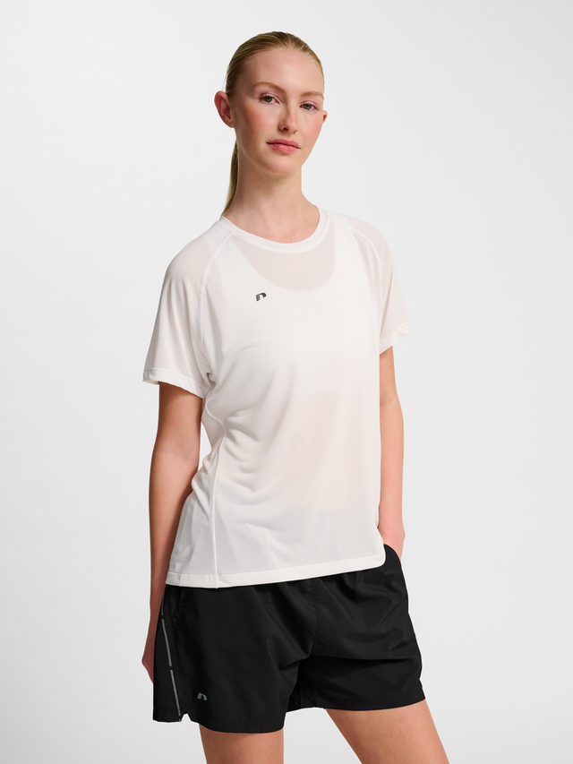 Women's white running t-shirt, front view on model