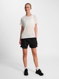 Women's white running t-shirt, back view on model