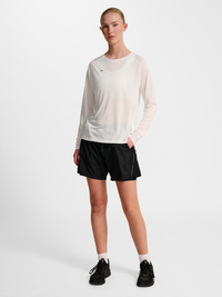 Women's white long-sleeve running shirt, back view on model
