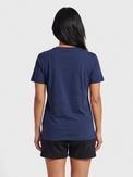 Women's navy cotton t-shirt, back view on model