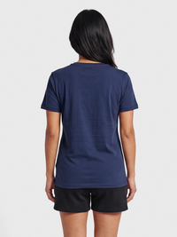 Women's navy cotton t-shirt, back view on model