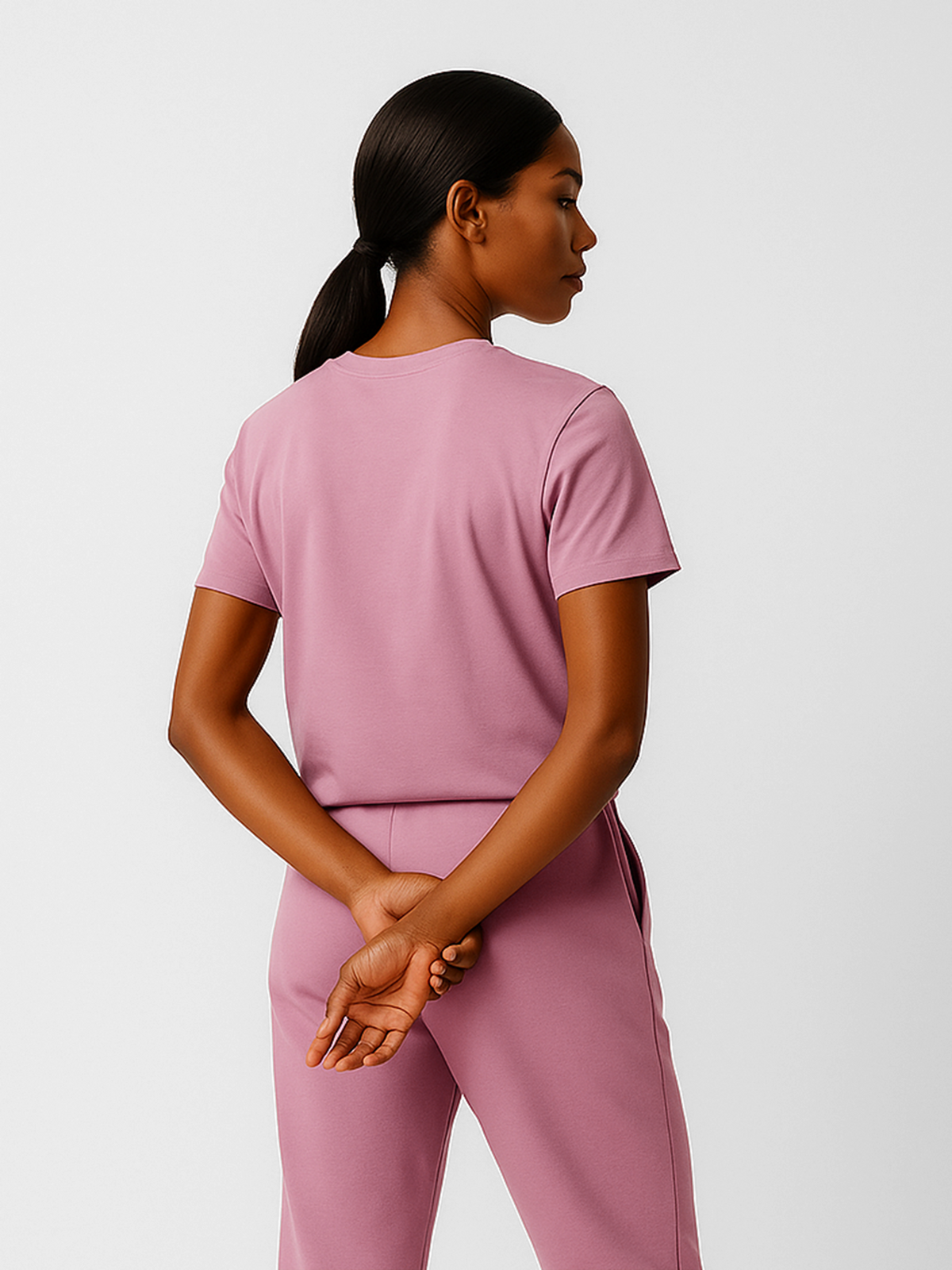 Women's lilac cotton t-shirt, back view on model