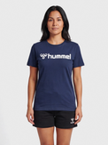 Women's navy cotton t-shirt, front view on model