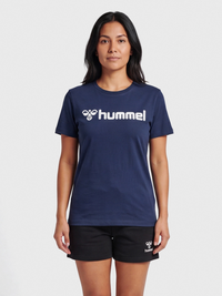 Women's navy cotton t-shirt, front view on model